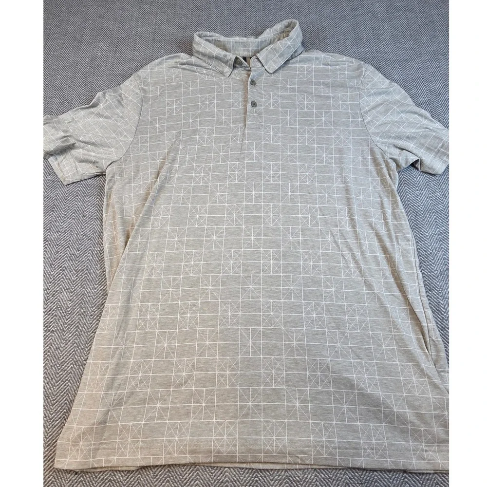 Adidas Mens Large Grey White Geometric Grid Short Sleeve Golf Polo Shirt